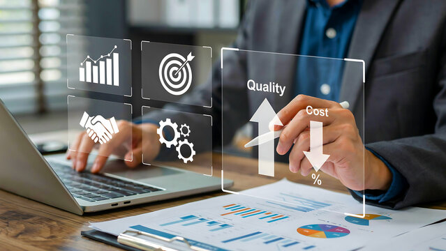 Businessman analyzes financial growth charts with virtual interface showing quality increase and cost decrease