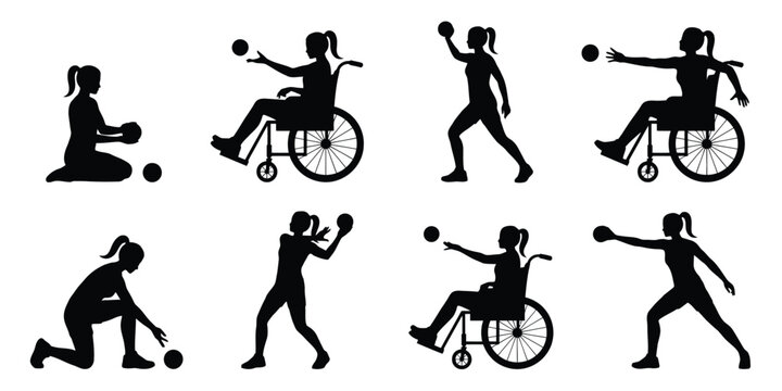 Set of silhouettes of women playing boccia sport