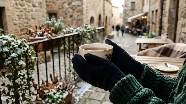 Person holding warm cup of tea in snowy European street cafe