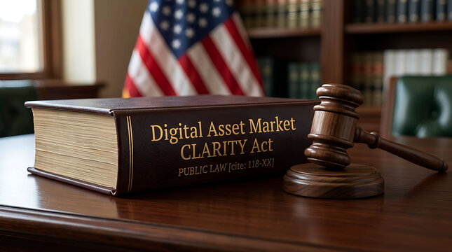 Digital asset market clarity act law book and wooden judge gavel