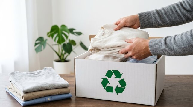 Man Packing Clothes in Recycle Box for Sustainable Textile Reuse and Secondhand Clothing Charity Donation