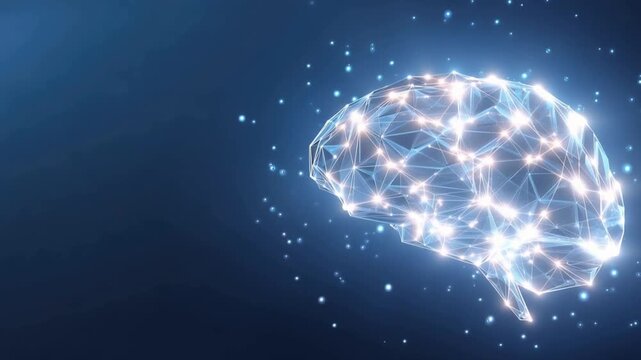 A glowing, interconnected network symbolizing a digital brain on a dark blue background. It represents concepts of artificial intelligence. ..Created with Generative AI, not depicting real subjects.