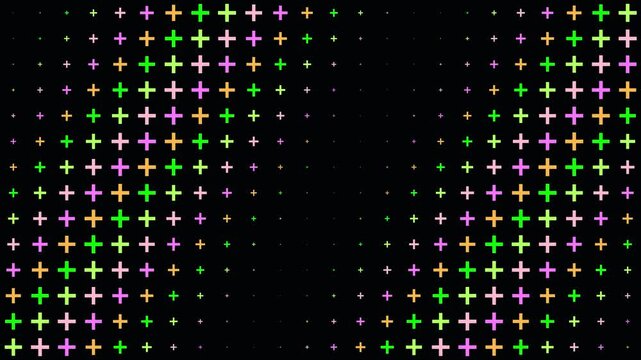 Abstract Pattern of Plus Signs: A mesmerizing abstract pattern composed of numerous plus signs in various colors like green, purple, and orange, arranged in a gradient on a dark background.