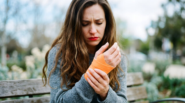 Woman wrapping injured wrist with elastic bandage outdoors