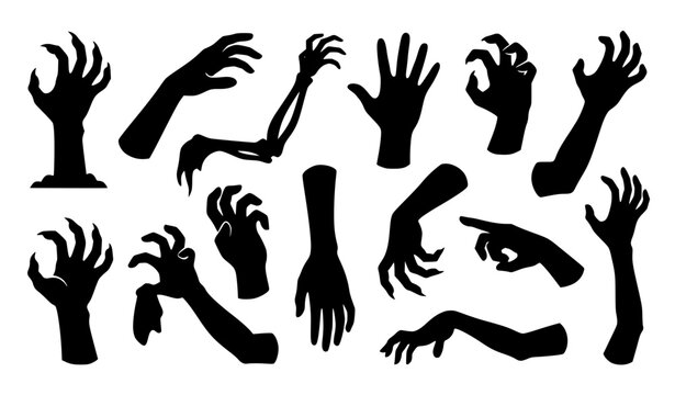Creepy zombie arm silhouettes with clawed hands for Halloween horror spooky monster vector set