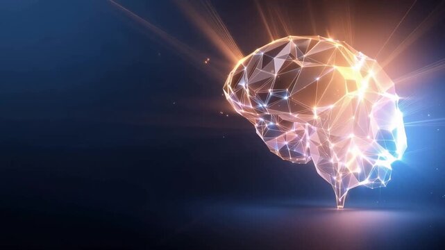 A glowing, low-polygon representation of a human brain illuminates with vibrant energy and interconnected neural pathways. ..Created with Generative AI, not depicting real subjects.