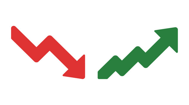 Red Downward Trend Arrow and Green Upward Trend Arrow Showing Financial Loss, Profit Growth, Business Trends, and Market Movement