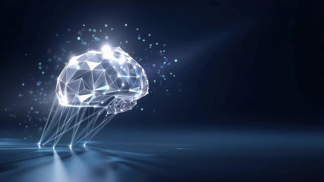 An abstract representation of a human brain formed by a glowing geometric network, symbolizing intelligence, cognition. ..Created with Generative AI, not depicting real subjects.