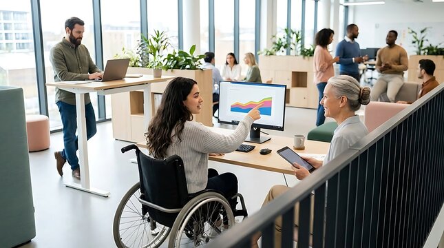 Woman in wheelchair collaborating with colleague on data analysis