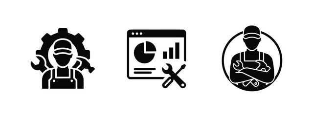 Obraz premium Set of icons representing professional repair services, technical support, and maintenance analytics
