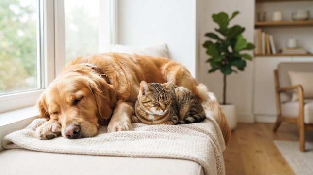 Dog and Cat Resting Together Comfortably on Bed at Home