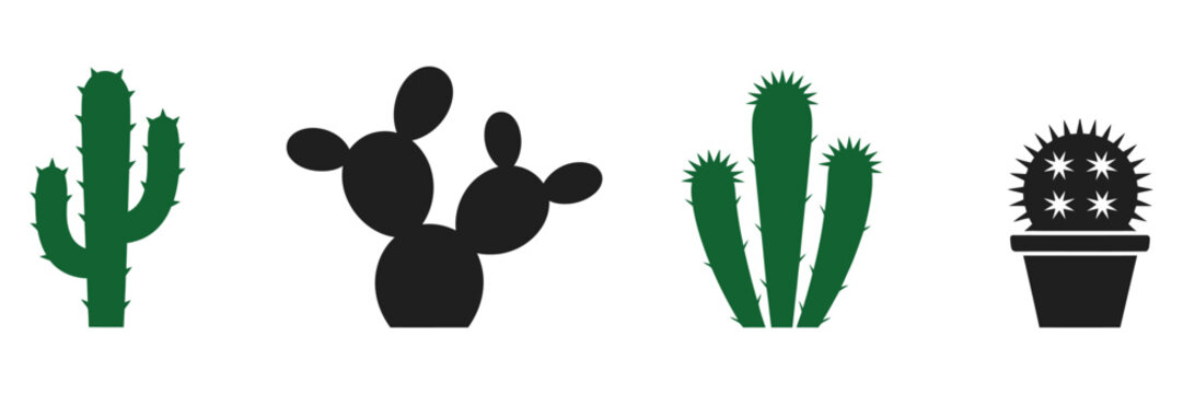 Cactus Icons featuring eight black desert plant silhouettes in clean vector style for botanical, southwestern, nature, and arid landscape designs