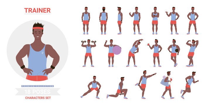 African american black sport trainer man poses vector illustration set. Cartoon male character showing muscles, posing ball, dumbbells exercises, training standing running different postures isolated