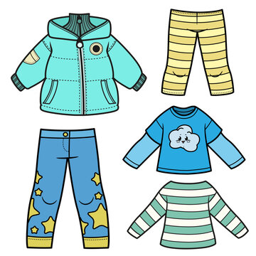 Insulated jacket, striped long-sleeve top with a cloud design, leggings, and jeans