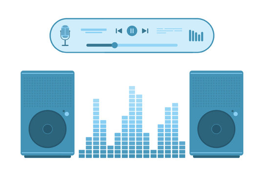 Sound system set vector illustration. Cartoon isolated stereo speaker and subwoofer devices, player app to control and play mp3, record voice and music, spectrum equalizer with sound waves bars