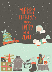 Obraz premium Cute Cartoon Illustration With Christmas Elements
