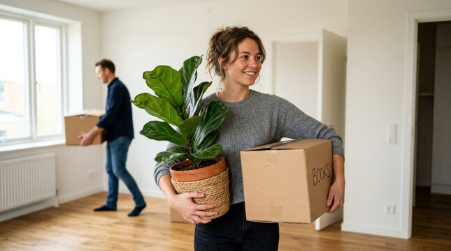 Young couple moving into new apartment, carrying boxes and plants