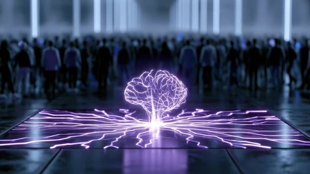 A luminous, glowing brain structure pulsates with energy on a futuristic platform, surrounded by a blurred crowd of silhouetted figures. ..Created with Generative AI, not depicting real subjects.