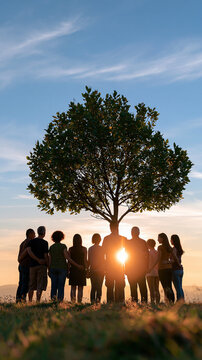Faceless diverse group of people standing together around a tree in the morning, symbolizing unity and collaboration for saving the planet and environmental protection, with copy