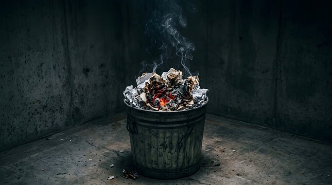 Crumpled corporate documents burning inside a metal trash can in a dark room representing the destruction of confidential evidence and corporate coverups