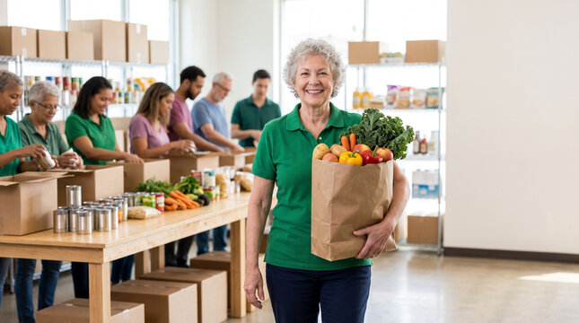 Smiling senior volunteer woman carrying a grocery donation bag at a community food bank, representing charity teamwork, nonprofit support, humanitarian aid and social responsibility.