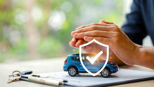 Car protected by hands with shield icon during outdoor daylight for insurance and safety concepts