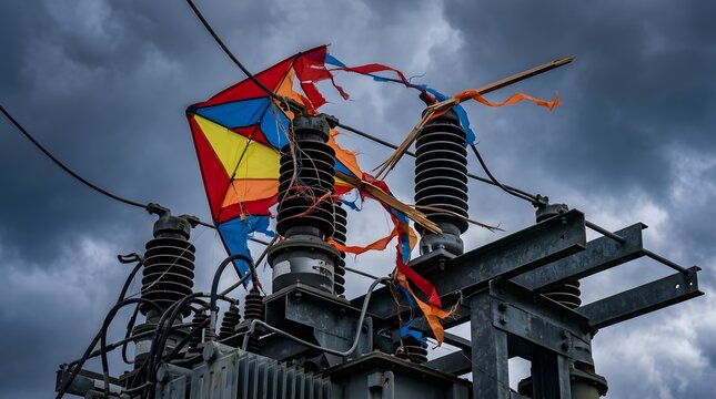 Colorful torn kite tangled dangerously in high voltage electrical power lines highlighting neighborhood safety hazards and infrastructure risks