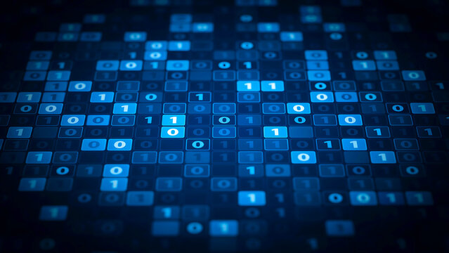 Digital binary code pattern glowing with blue light in a dark abstract technology background