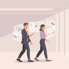 Obraz premium Business professionals analyzing financial data on transparent holographic