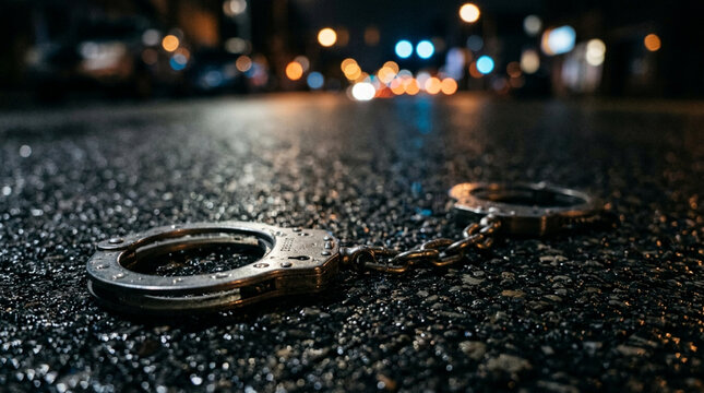 Handcuffs on wet asphalt at night with blurred city lights background