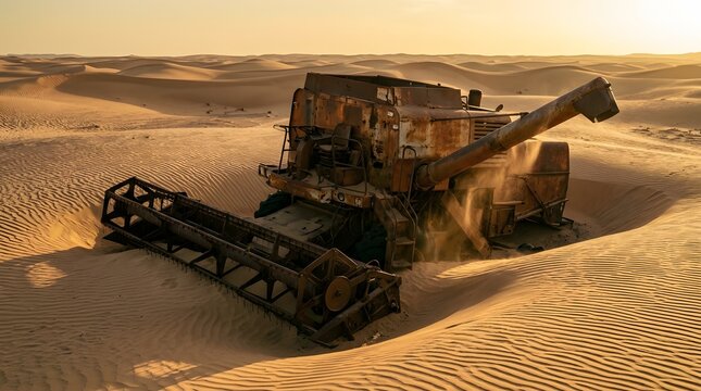 Abandoned rusty combine harvester buried in desert sand dunes illustrating severe agricultural collapse and extreme climate change desertification