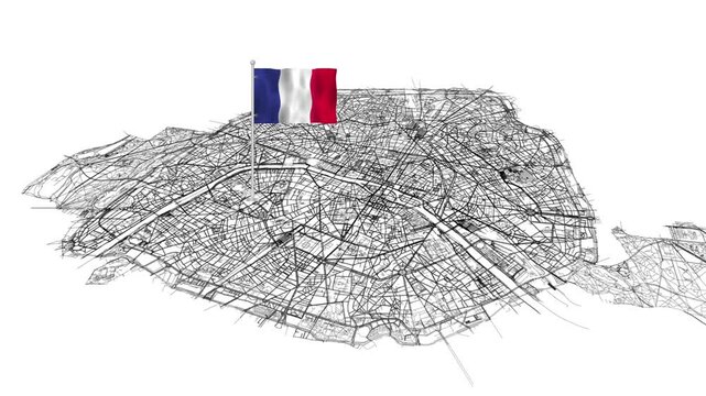Animated 3D wireframe map of Paris with waving French flag