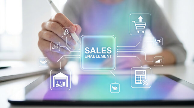 Digital interface showing sales enablement flow chart with icons for shopping cart, gears, handshake, megaphone, warehouse, and calculator, symbolizing business processes and growth