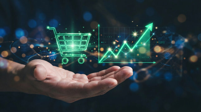 Digital glowing shopping cart and growth graph above a hand, symbolizing e-commerce growth, business success and online shopping concepts, offering free space for text