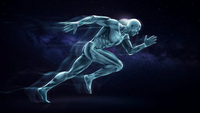 Skeletal runner with glowing effect in dark space