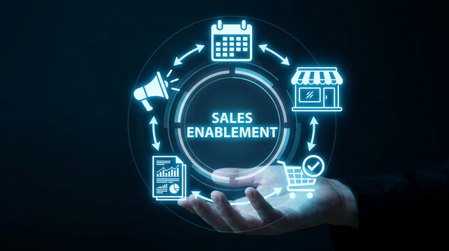 Digital icons for sales enablement display cycle, showcasing growth and strategy. Symbolizes business success and marketing efforts.