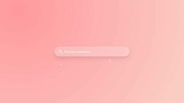 A soft pink gradient background features a central translucent search bar and minimalist.