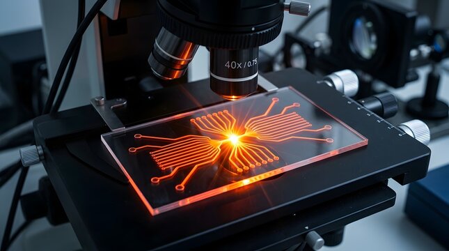 Close up of microscopic electronic circuitry being analyzed in laboratory