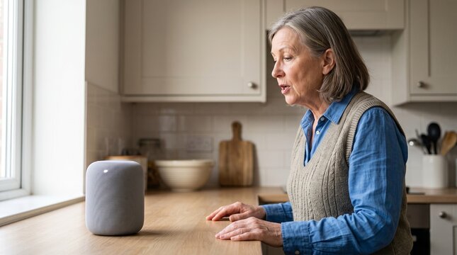 Senior woman speaking to a smart speaker in her kitchen