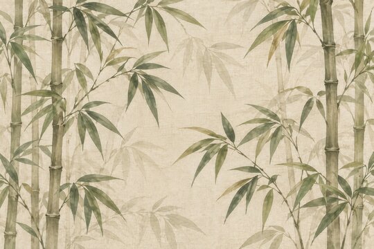 Bamboo leaf stalk pattern on faded canvas backdrop for botanical wallpaper, eco decor, tropical interiors, textile prints, natural home styling, and design collections