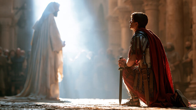 Faith of a centurion, roman soldier kneeling in humility before a divine figure in an ancient city street, biblical historical scene, with copy space