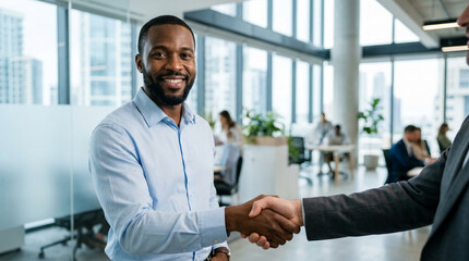 Fototapeta premium Two men shake hands in a modern office environment, representing partnership, agreement, and professional collaboration, with city skyline visible through windows