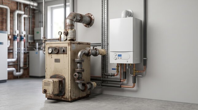 Old rusty water heater and new modern boiler standing side by side in utility room. Equipment replacement, plumbing upgrade, heating system renovation and before after concept