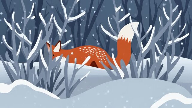 Cute Fox Hiding in Snowy Forest, Winter Nature Scene Illustration