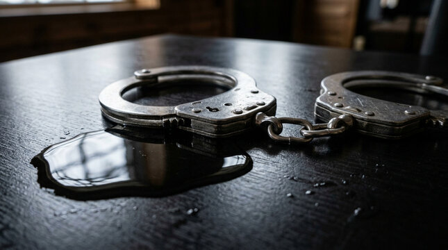 Handcuffs on wet dark table, crime investigation, justice concept