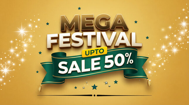 Golden text announces a mega festival sale with up to 50% off, set against a sparkling yellow background with stars, symbolizing celebration and discounts