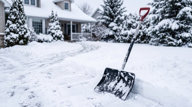 Snow shovel stuck near cleared path by suburban house after snowfall. Winter snow removal, yard cleaning and seasonal chore concept