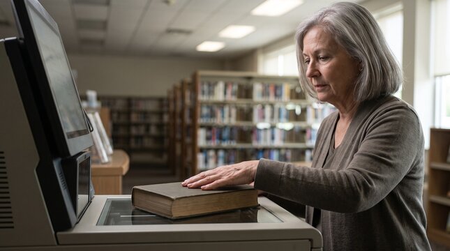 Senior woman placing a book on a library self-checkout scanner