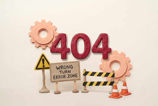 404 Error Page Not Found Concept with Wrong Turn Warning Sign, Barrier and Gears on Beige Background