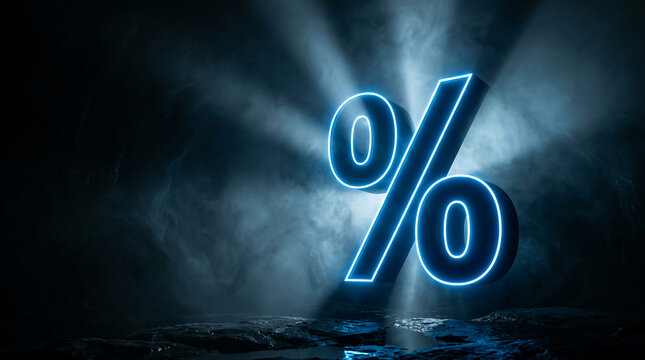 A glowing neon percentage sign in blue light against a dark, smoky background, symbolizing finance, discount, or special offer